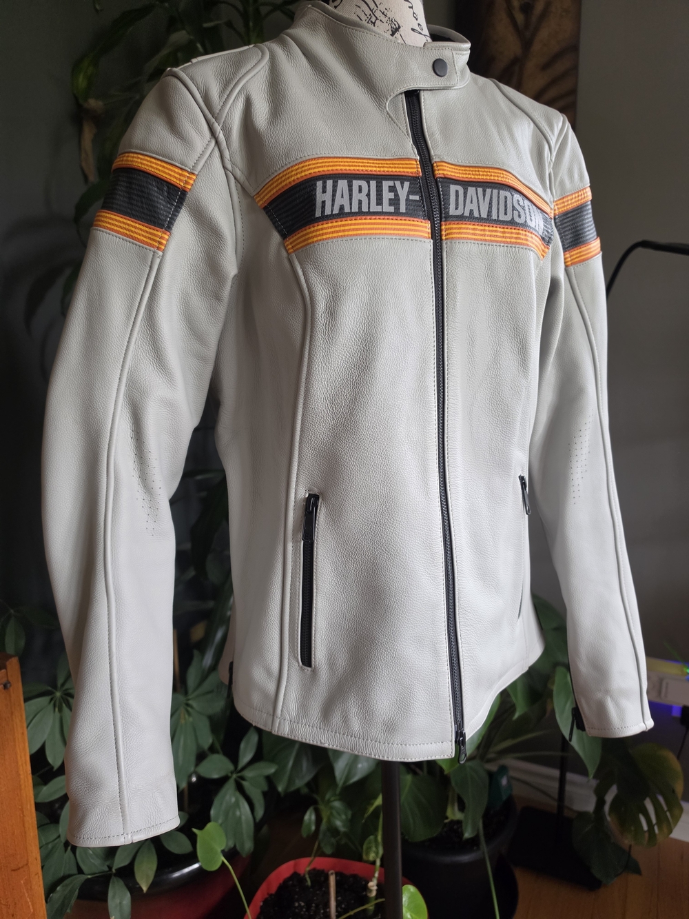 Harley-Davidson Women’s Grey Leather Motorcycle Jacket with Orange/Black Stripes